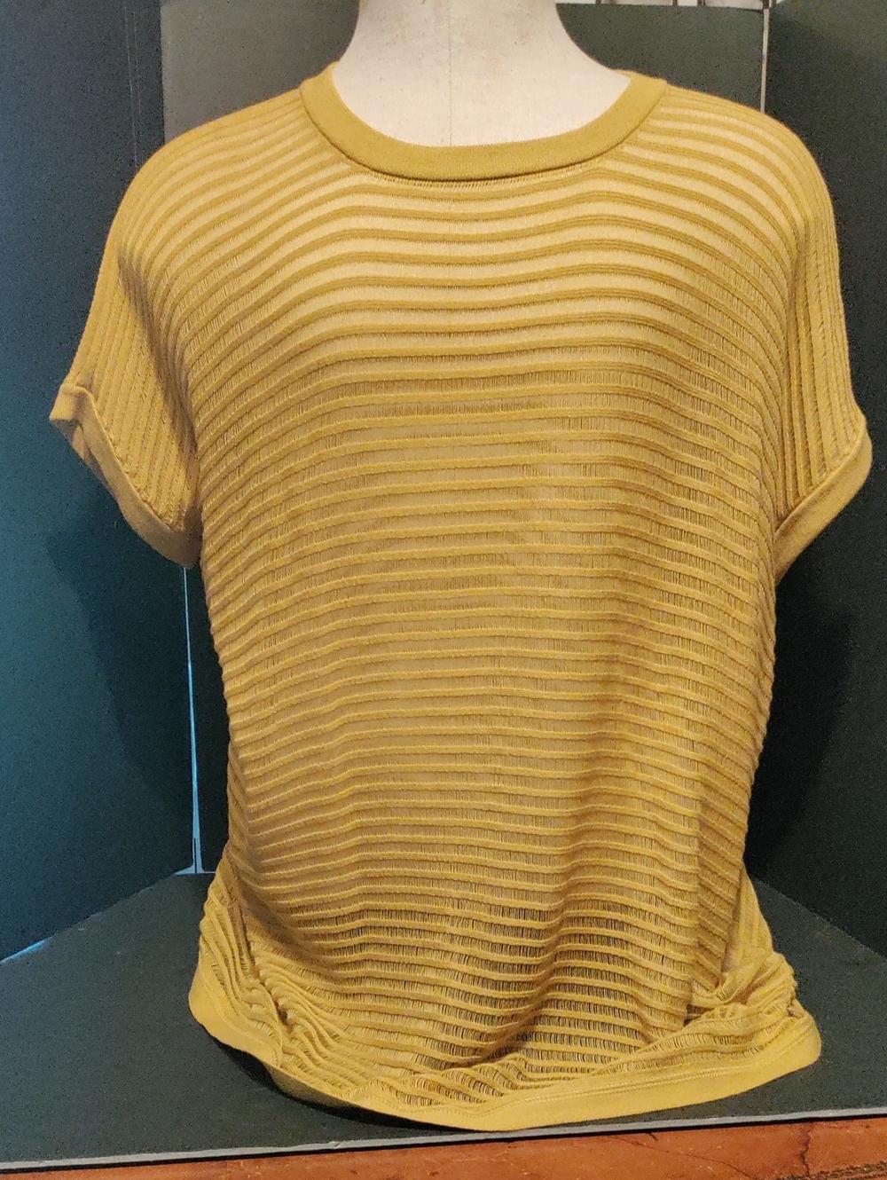 Planet By Lauren G Relaxed Ribbed Short-Sleeve Knit Tee in Mustard Soft Pima Cot